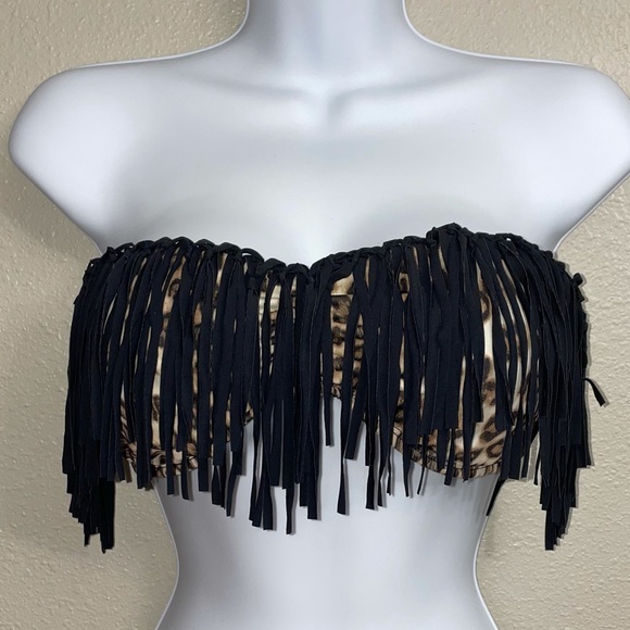 Guess Leopard Bandeau Bikini Top Only with Black Fringe Size Large - Picture 1 of 9